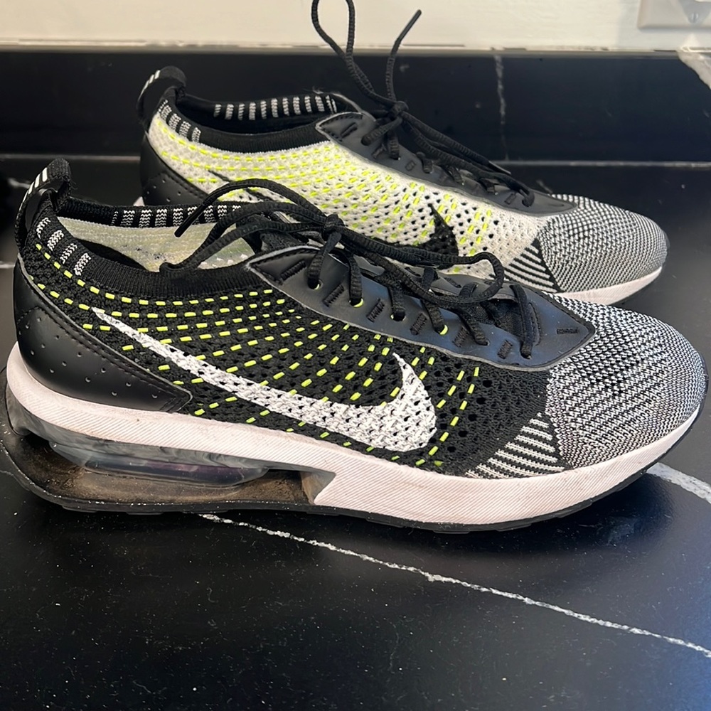 Nike Womens FlyKnit Black White Neon Yellow Sneakers